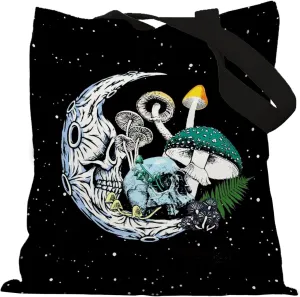Goth Witchy Skull Moon Mushroom Tote Bag, Halloween Tote Bag, Goth Gifts for Women, Halloween Skull Skeleton Gifts, Witchy Gifts for Women, Reusable Grocery Bags Shopping Bags