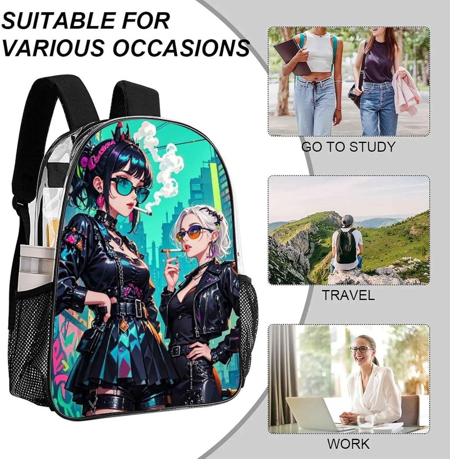 Gothic Cartoon Lesbian Women Women Fantasy Lgbt Art Rucksack Transparent Anti-Theft Multipurpose Carry On Bag Large Capacity Travel and Sport Backpack Rucksack With Smooth Zippers