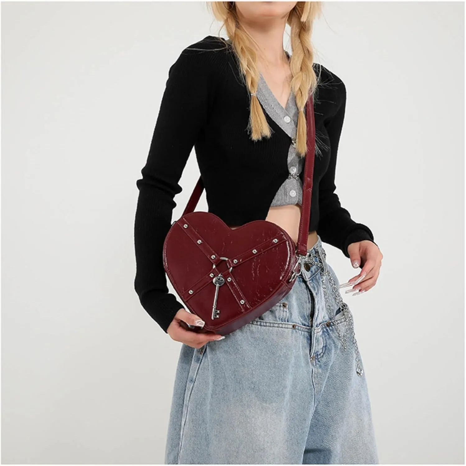Gothic Heart Shaped Backpack Y2k Heart Bags Studded Designer Crossbody Bag Lovely Purse for Women
