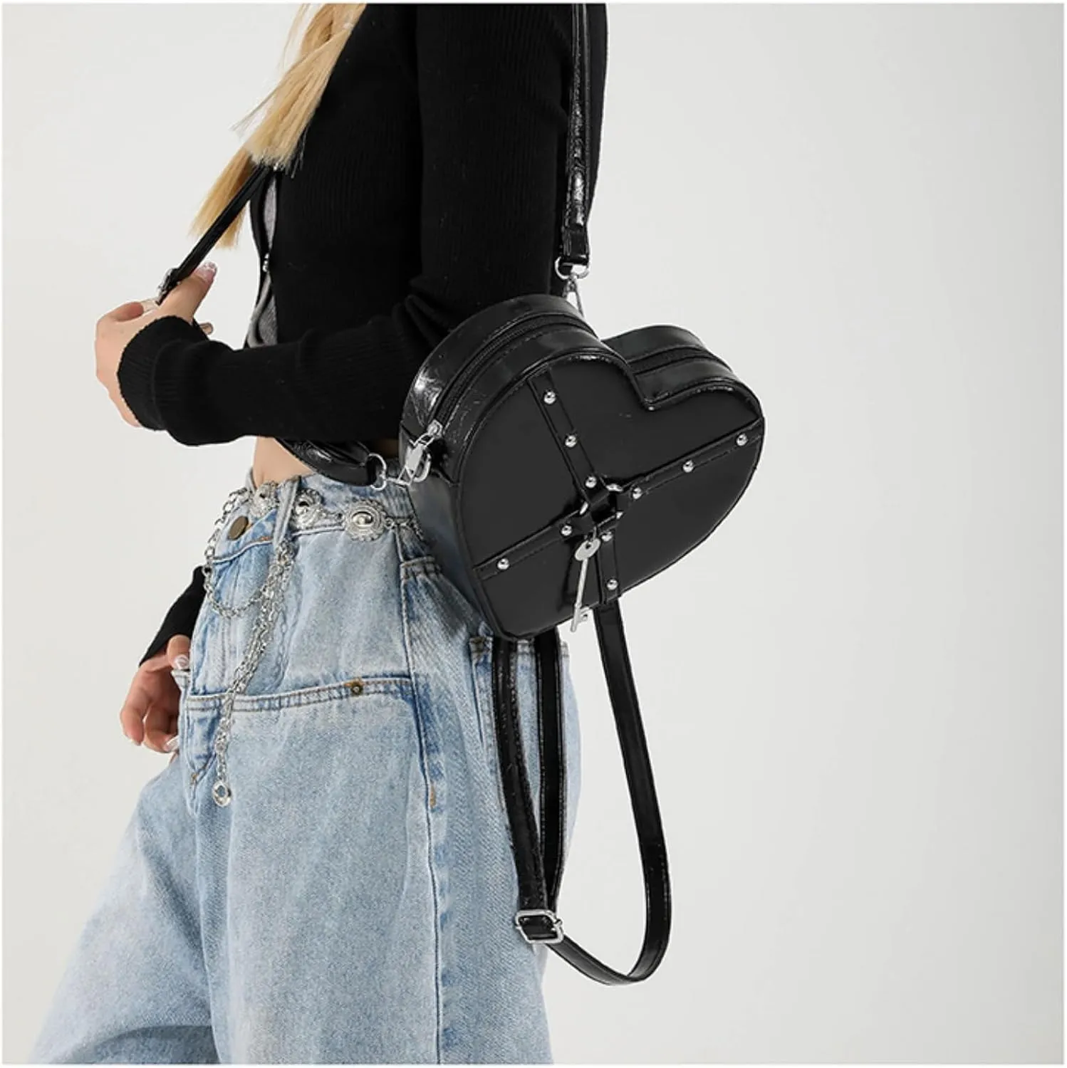 Gothic Heart Shaped Backpack Y2k Heart Bags Studded Designer Crossbody Bag Lovely Purse for Women