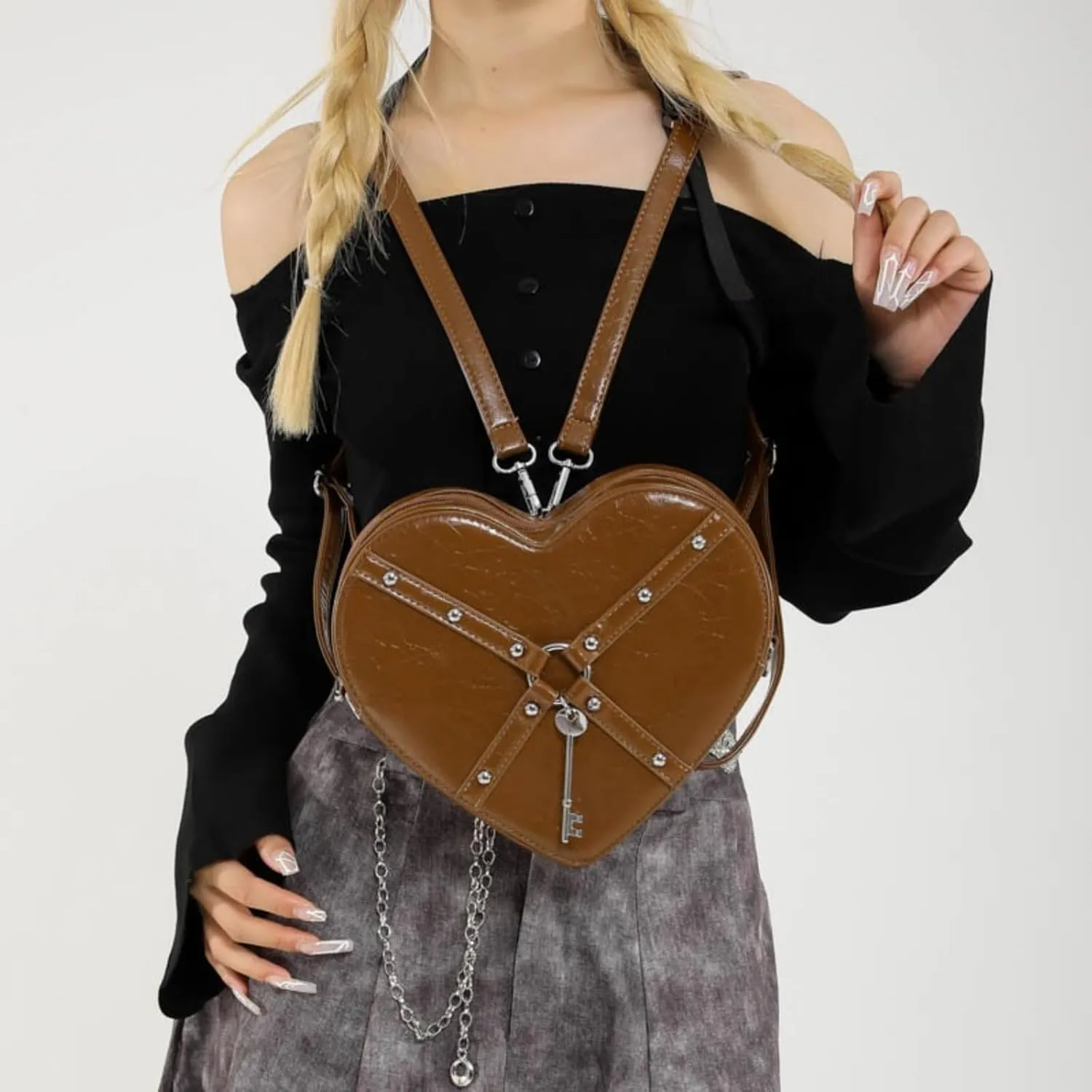 Gothic Heart Shaped Backpack Y2k Heart Bags Studded Designer Crossbody Bag Lovely Purse for Women