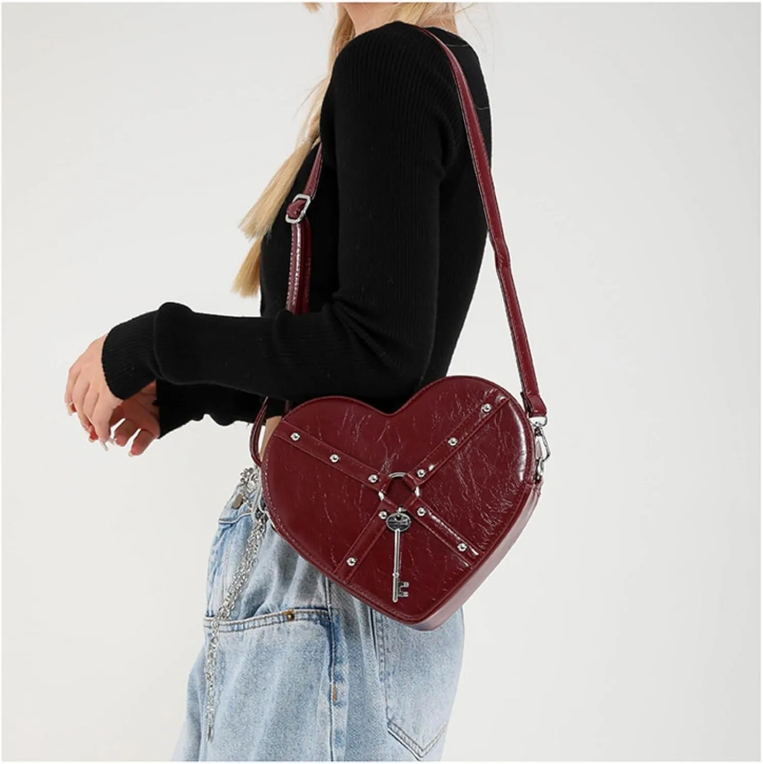 Gothic Heart Shaped Backpack Y2k Heart Bags Studded Designer Crossbody Bag Lovely Purse for Women