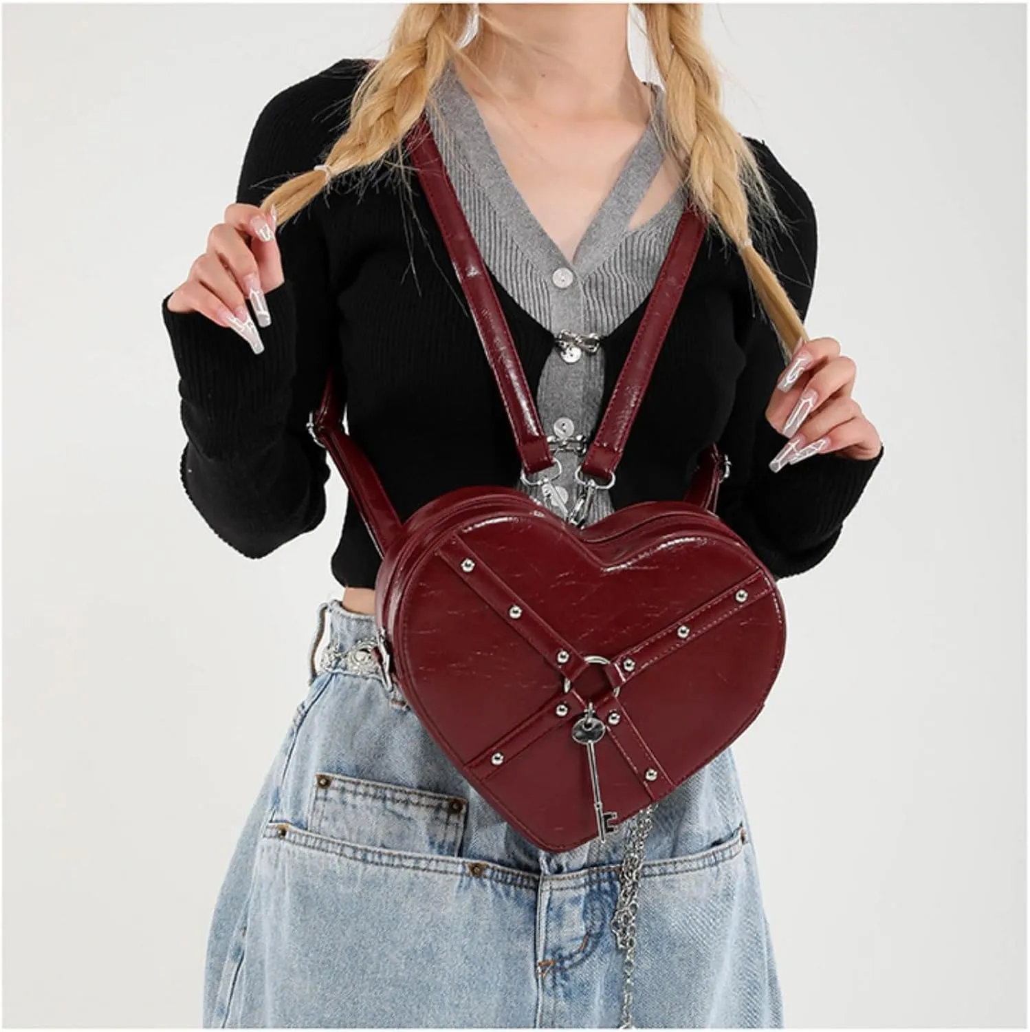 Gothic Heart Shaped Backpack Y2k Heart Bags Studded Designer Crossbody Bag Lovely Purse for Women