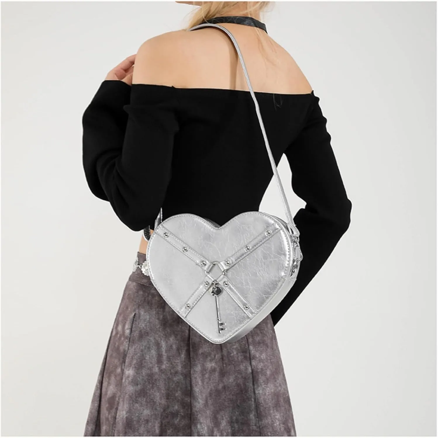 Gothic Heart Shaped Backpack Y2k Heart Bags Studded Designer Crossbody Bag Lovely Purse for Women