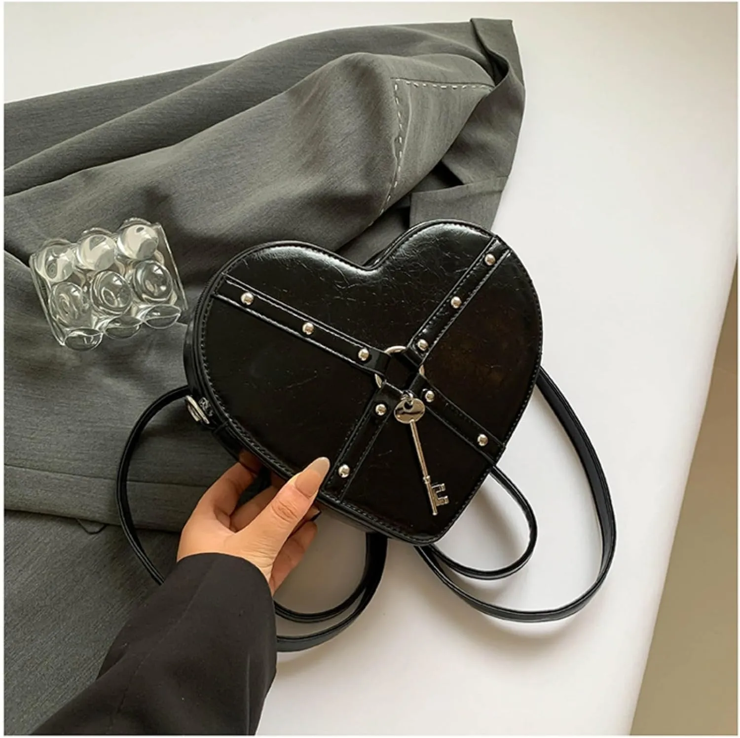 Gothic Heart Shaped Backpack Y2k Heart Bags Studded Designer Crossbody Bag Lovely Purse for Women