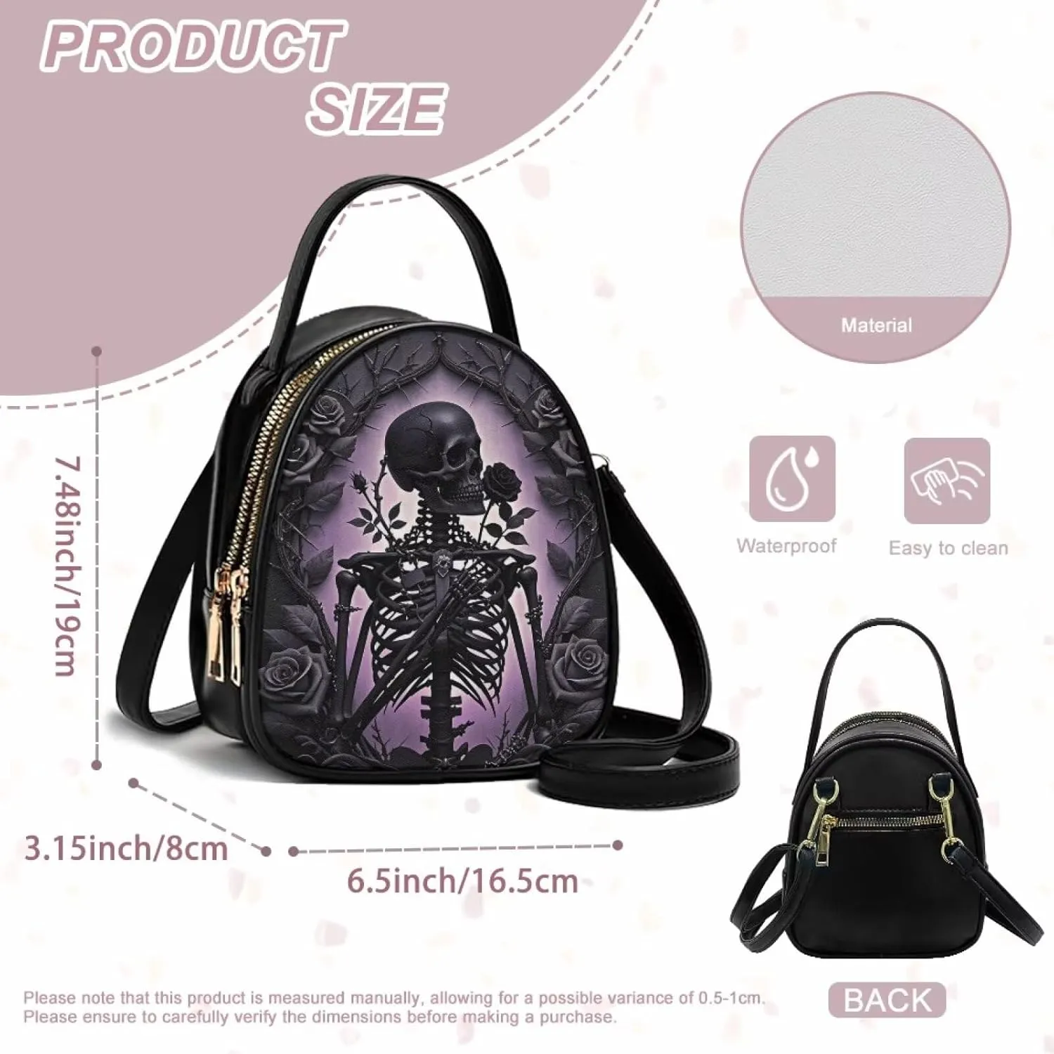 Gothic Small Crossbody Bags for Women, Mini PU Leather Cell Phone Purse Zip Shoulder Handbags Adjustable Straps