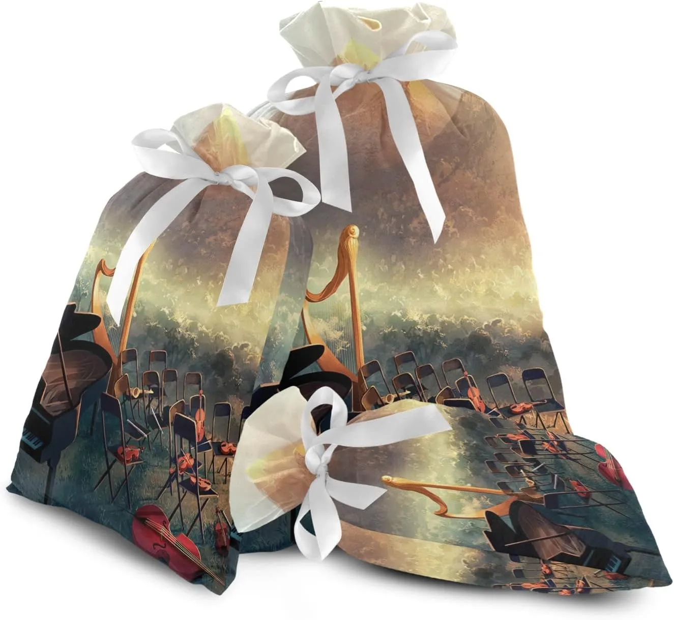 Grandkli Conductor Orchestra Violins Music Art Christmas Drawstring Bags for Gifts Velvet Set, Christmas Sacks 3 Pc for Home Familys Decor