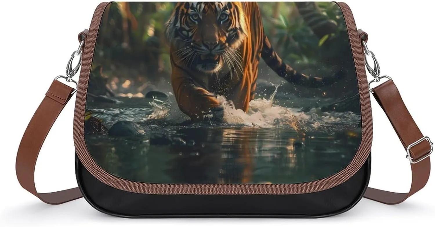 Green Forests Tiger Messenger Bag for Women PU Leather Crossbody Bags Shoulder Handbags Purse