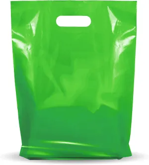 Green Merchandise Plastic Glossy Retail Bags 100 Pack 12" x 15" with 1.25 mil Thick - Die Cut Handles - Perfect for Shopping, Party Favors, Birthdays, Parties - Color Green - 100% Recyclable