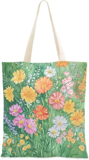 Green Orange Yellow Flowers Canvas Tote Canvas Shopping Bags For Groceries for Teachers Cheap Tote Bag