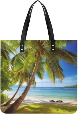 Green Palm Trees Ocean Tote Bag Pu Leather Handbags for Women Shopping Shoulder Bags Travel Hobo Bags Slouchy Tote Big Capacity Cross Body Handbags Laptop Briefcases
