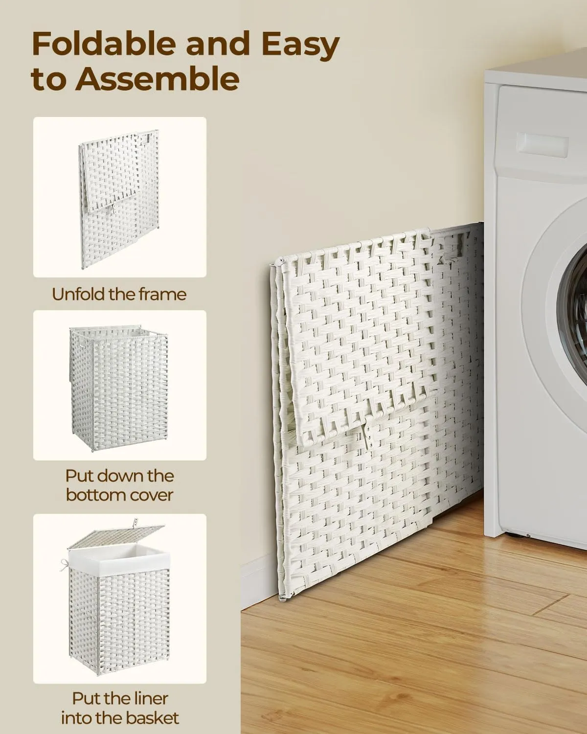 Greenstell Laundry Hamper with Lid, 60L Clothes Hamper with 2 Removable Liner Bags & 2 Mesh Bags, Handwoven Synthetic Rattan Basket, Toys in Bathroom, Bedroom White