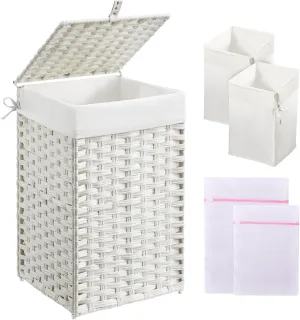 Greenstell Laundry Hamper with Lid, 60L Clothes Hamper with 2 Removable Liner Bags & 2 Mesh Bags, Handwoven Synthetic Rattan Basket, Toys in Bathroom, Bedroom White