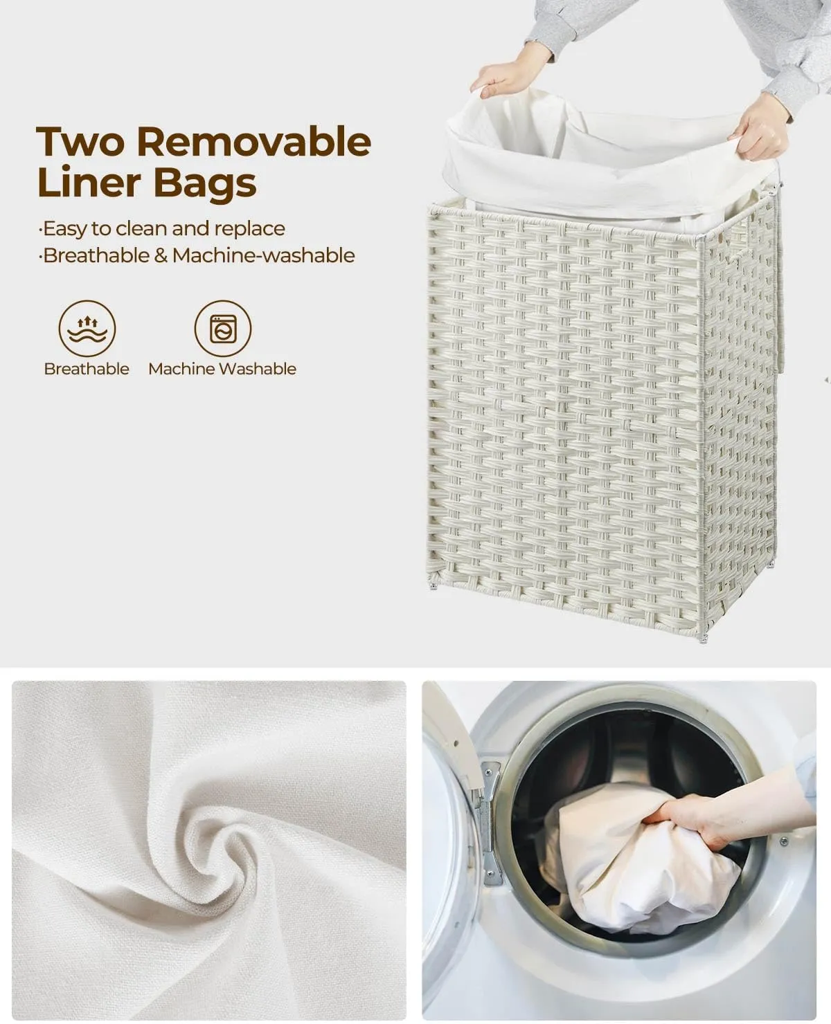Greenstell Laundry Hamper with Lid, 60L Clothes Hamper with 2 Removable Liner Bags & 2 Mesh Bags, Handwoven Synthetic Rattan Basket, Toys in Bathroom, Bedroom White