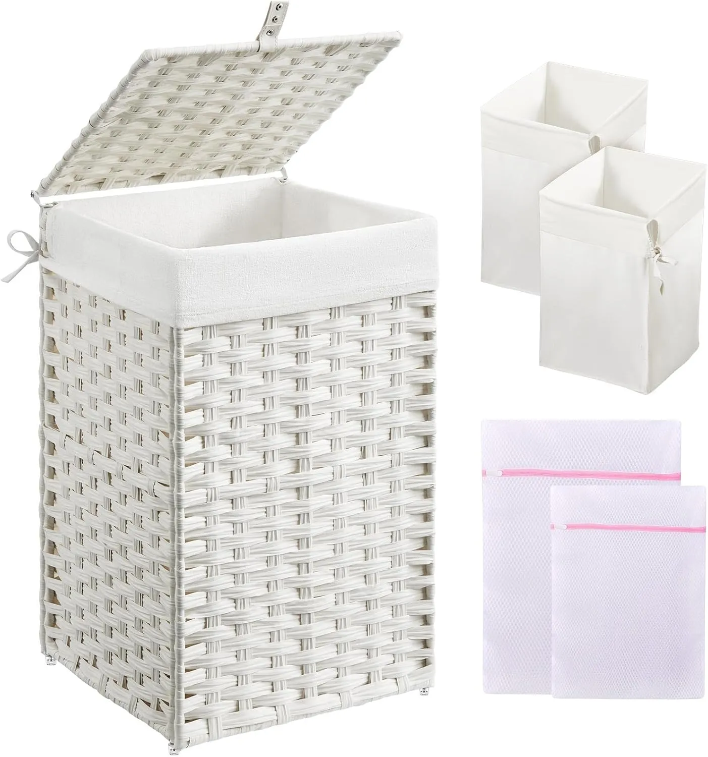 Greenstell Laundry Hamper with Lid, 60L Clothes Hamper with 2 Removable Liner Bags & 2 Mesh Bags, Handwoven Synthetic Rattan Basket, Toys in Bathroom, Bedroom White