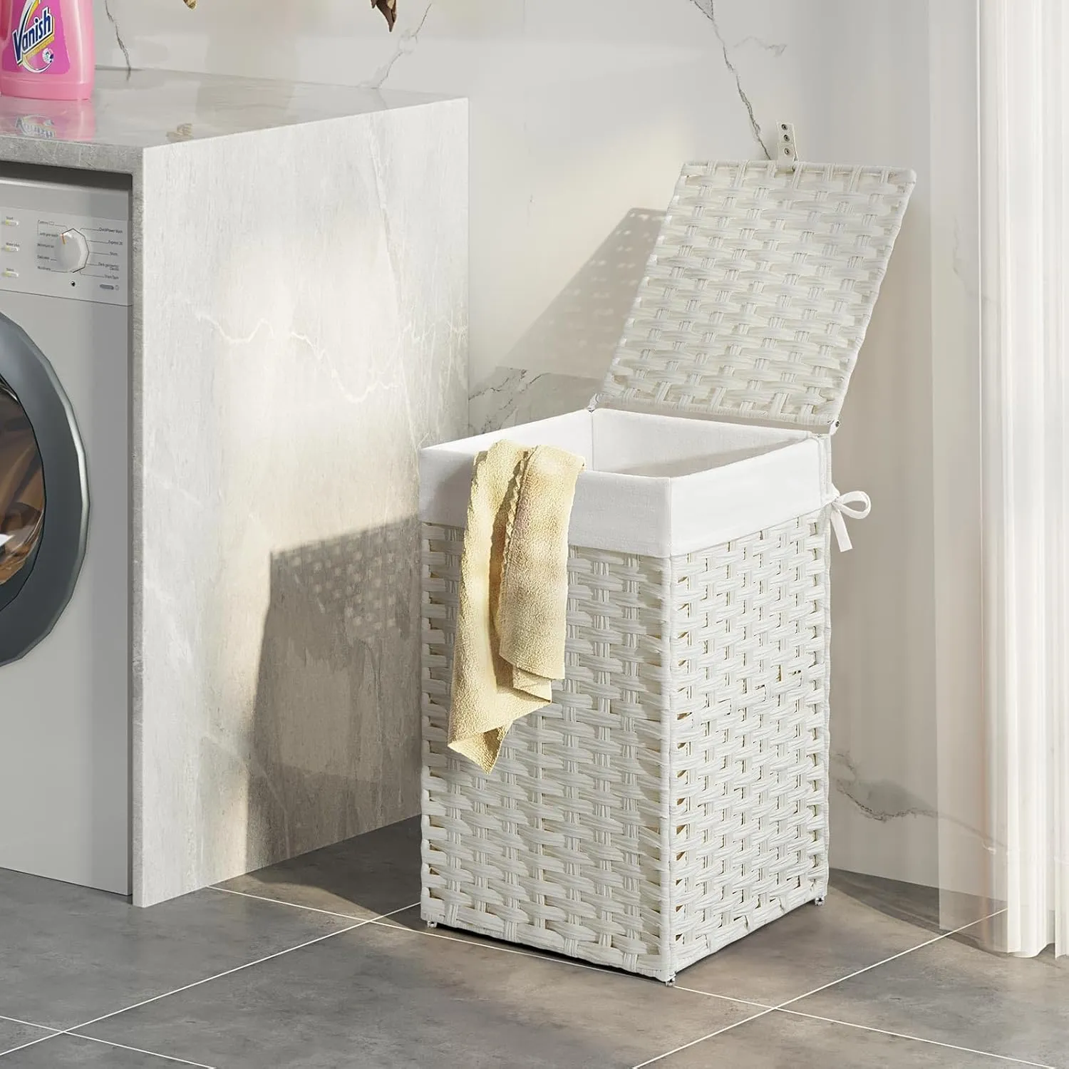Greenstell Laundry Hamper with Lid, 60L Clothes Hamper with 2 Removable Liner Bags & 2 Mesh Bags, Handwoven Synthetic Rattan Basket, Toys in Bathroom, Bedroom White