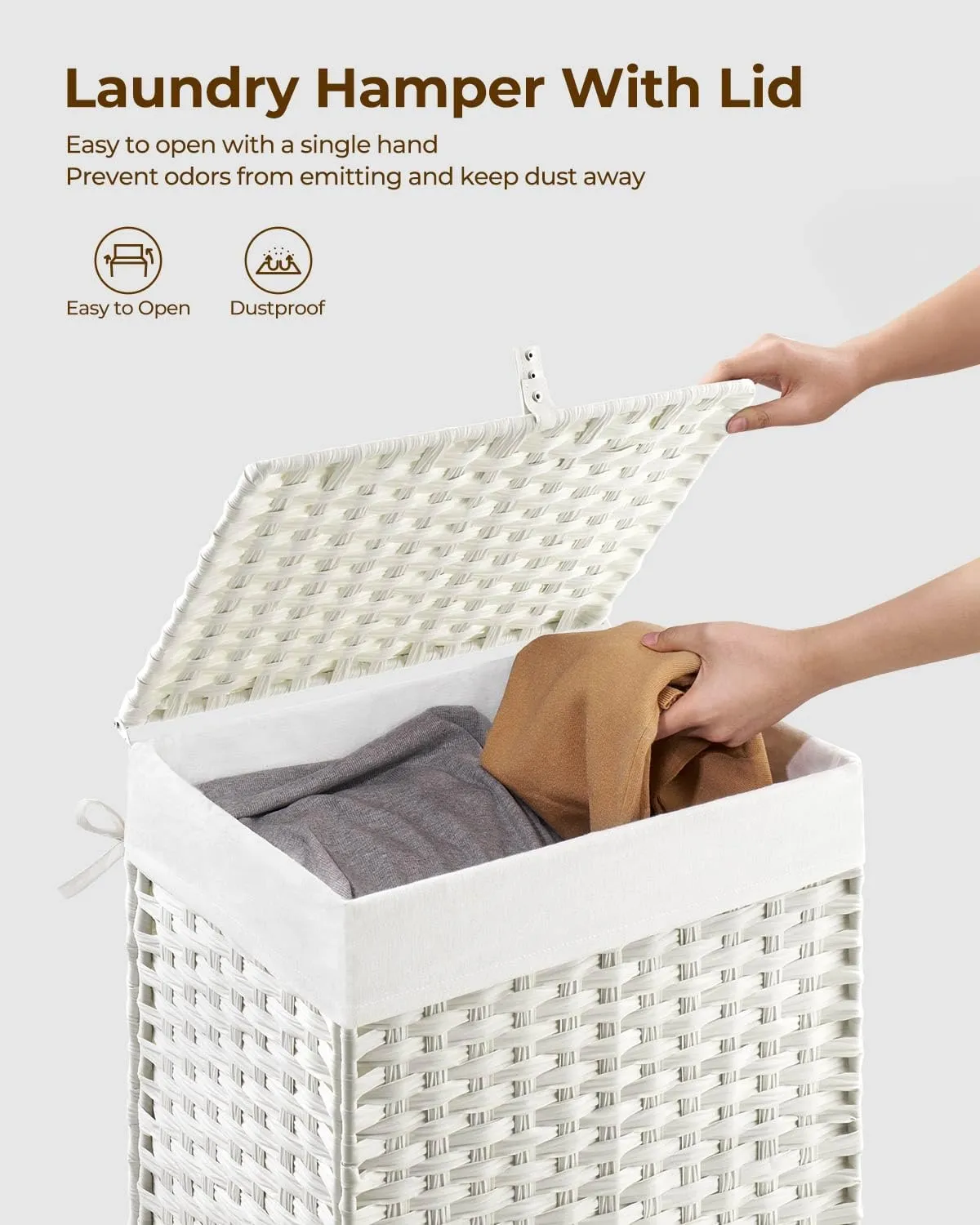 Greenstell Laundry Hamper with Lid, 60L Clothes Hamper with 2 Removable Liner Bags & 2 Mesh Bags, Handwoven Synthetic Rattan Basket, Toys in Bathroom, Bedroom White