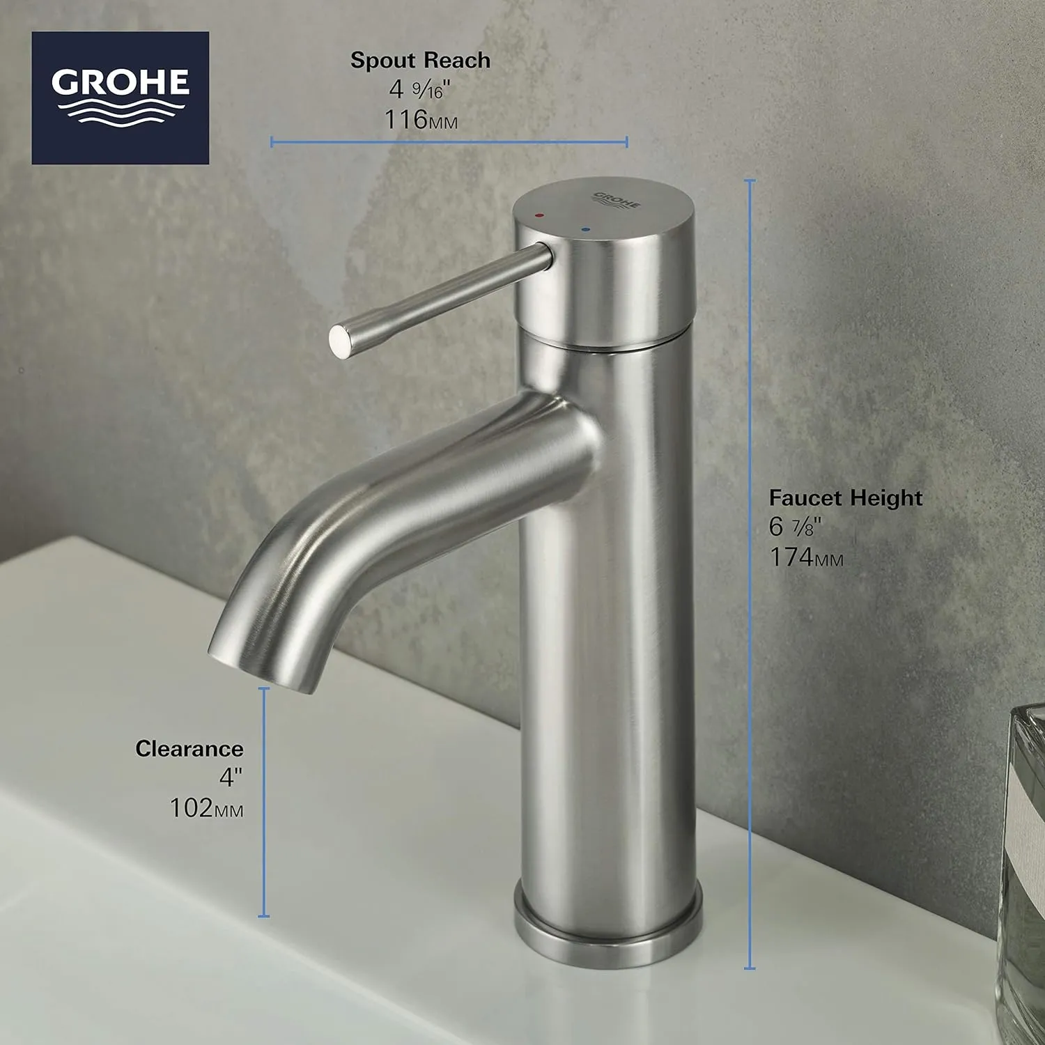 GROHE 23592ENA Essence, Single Hole Single-Handle S-Size Bathroom Faucet 1.2 GPM, Brushed Nickel