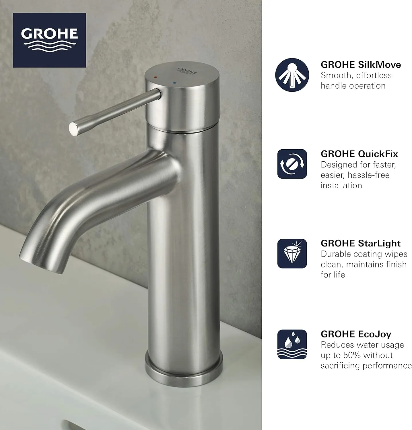 GROHE 23592ENA Essence, Single Hole Single-Handle S-Size Bathroom Faucet 1.2 GPM, Brushed Nickel