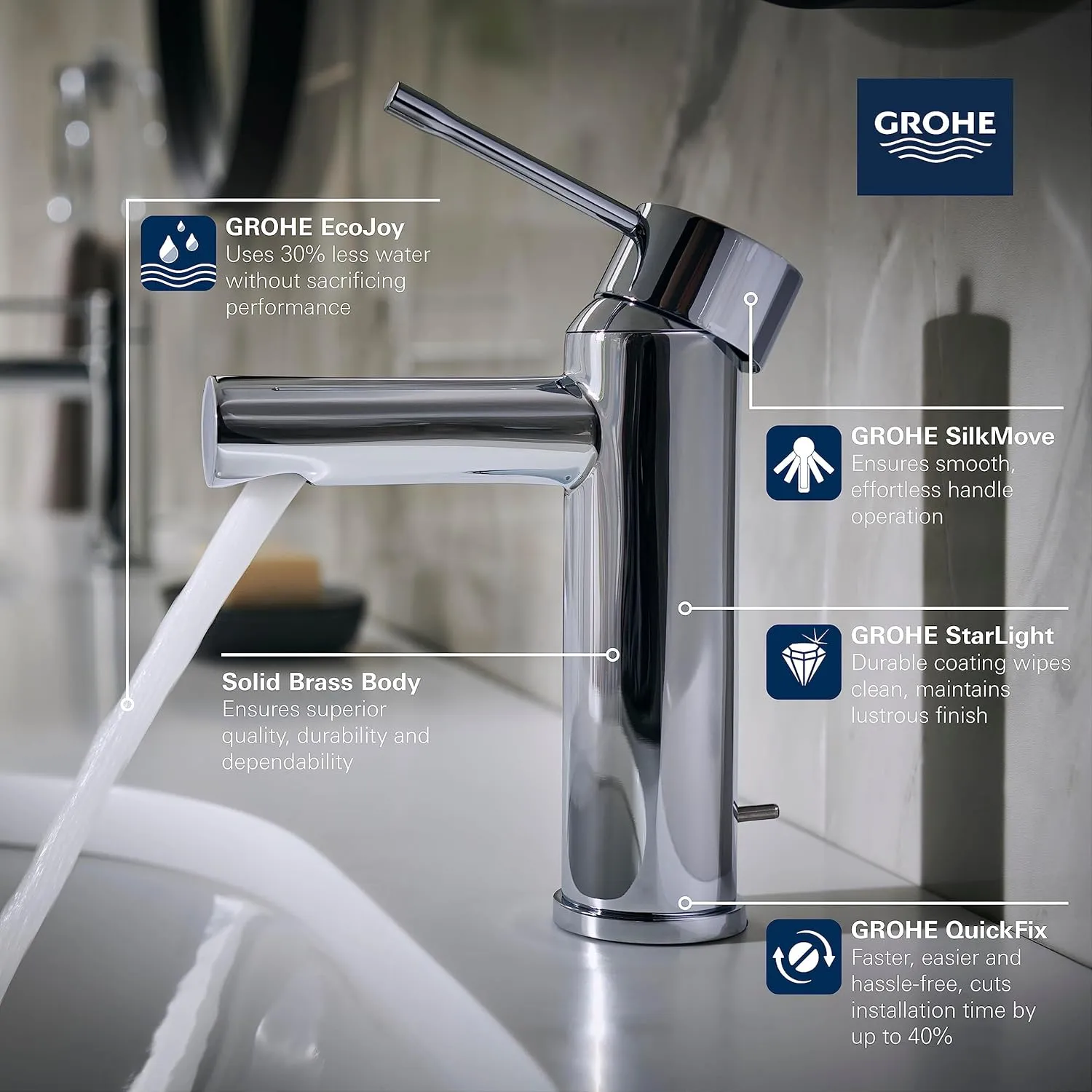 GROHE Essence New Single Hole Single-Handle 1.2 GPM Low-Arc Bathroom Faucet in StarLight Chrome 3221600A
