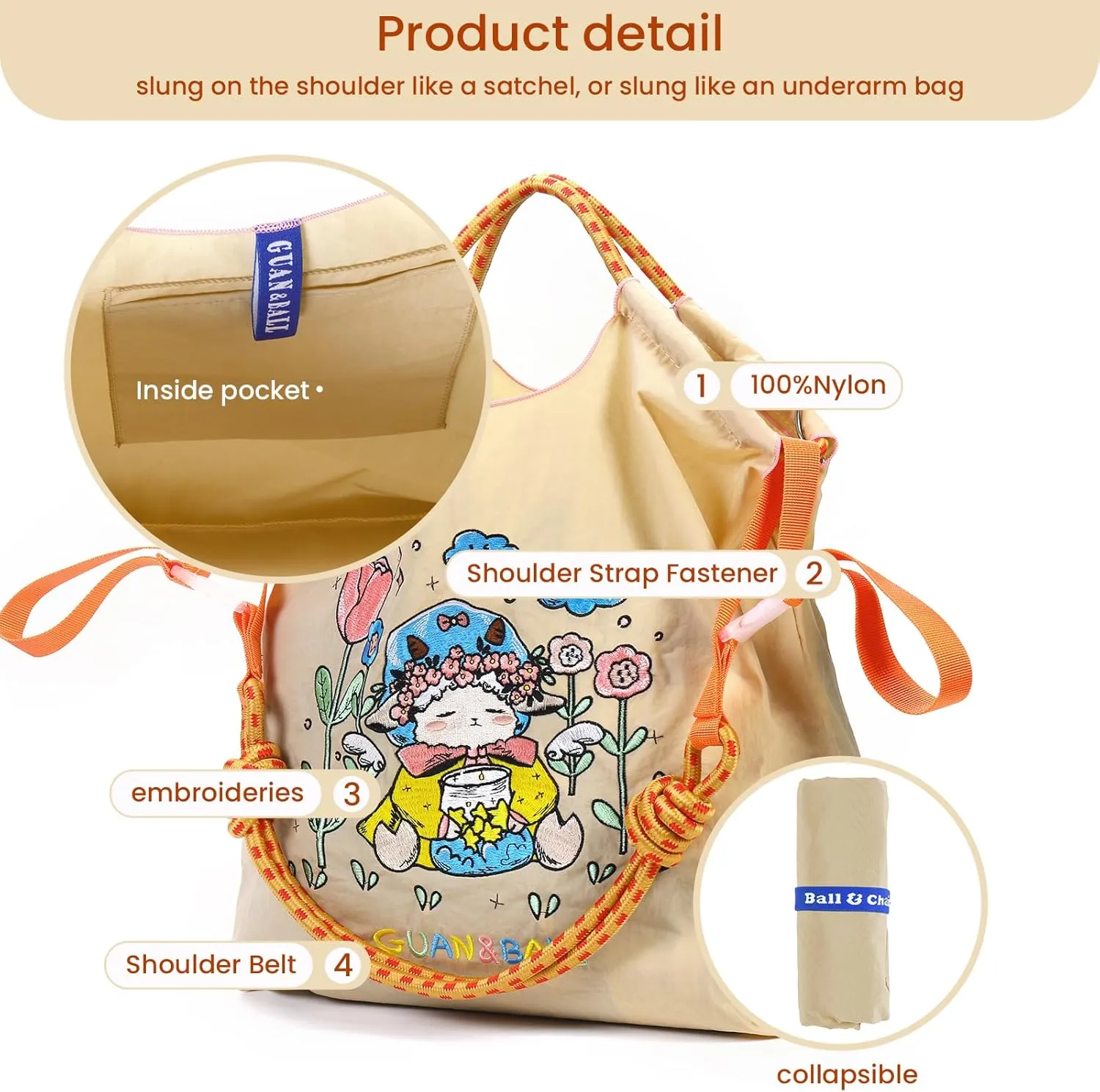 Guan&Ball Lady Tote bag, a lamb embroidered nylon bag, is the perfect companion for shopping and travel