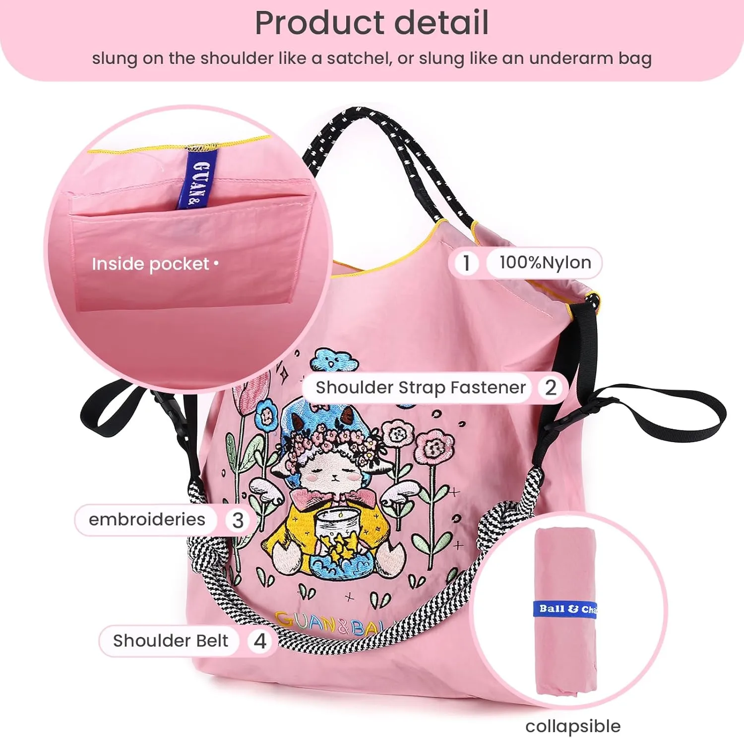 Guan&Ball Lady Tote bag, a lamb embroidered nylon bag, is the perfect companion for shopping and travel