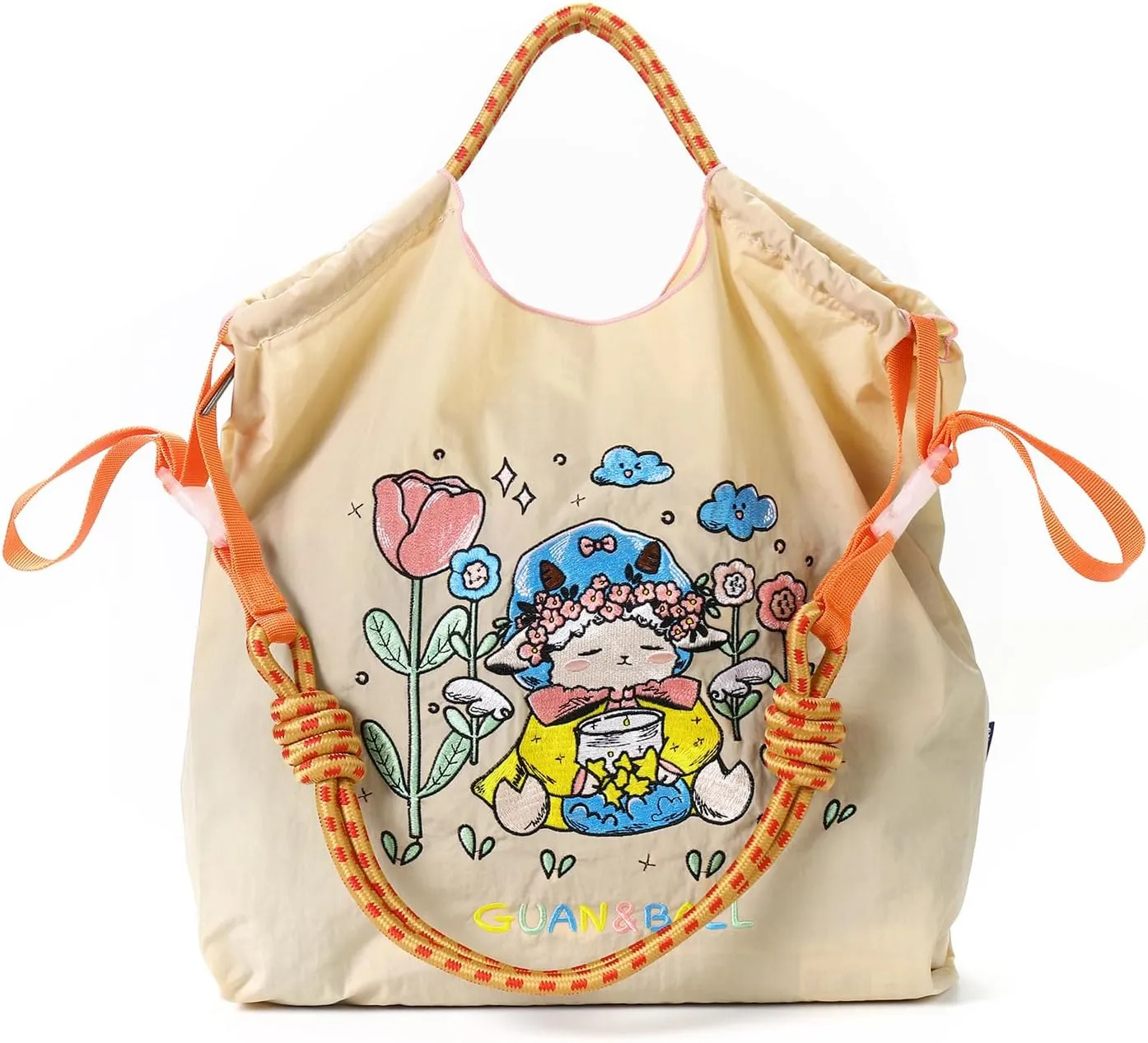 Guan&Ball Lady Tote bag, a lamb embroidered nylon bag, is the perfect companion for shopping and travel