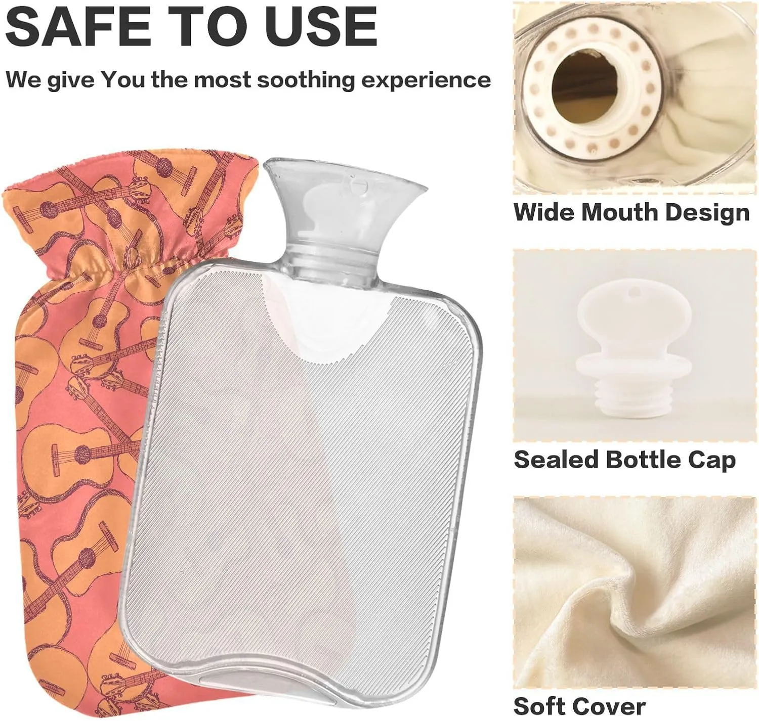 Guitars Coral Hot Water Bottle with Soft Cover 1L Hot Water Bag Warm Water Bag for Menstrual Cramps, Neck and Shoulder Pain Relief