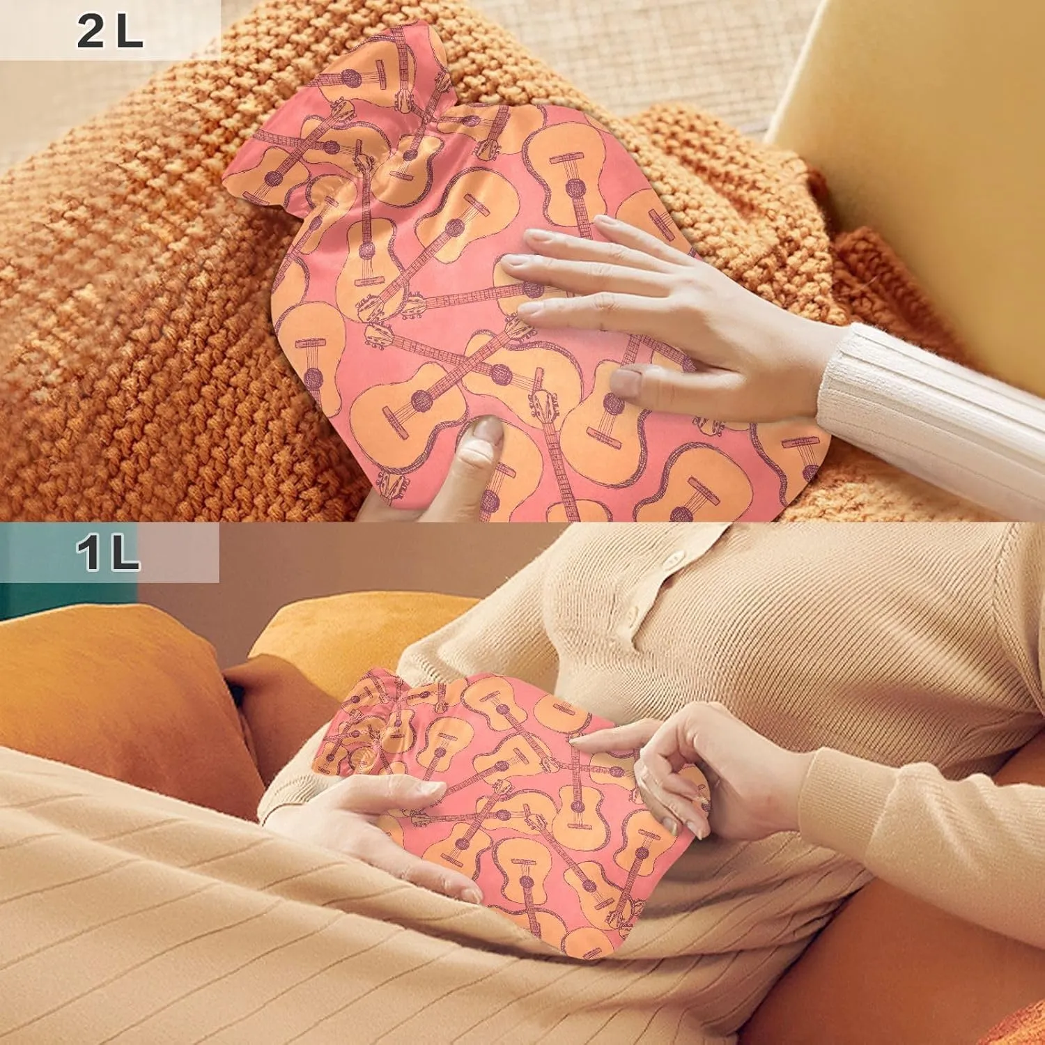 Guitars Coral Hot Water Bottle with Soft Cover 1L Hot Water Bag Warm Water Bag for Menstrual Cramps, Neck and Shoulder Pain Relief