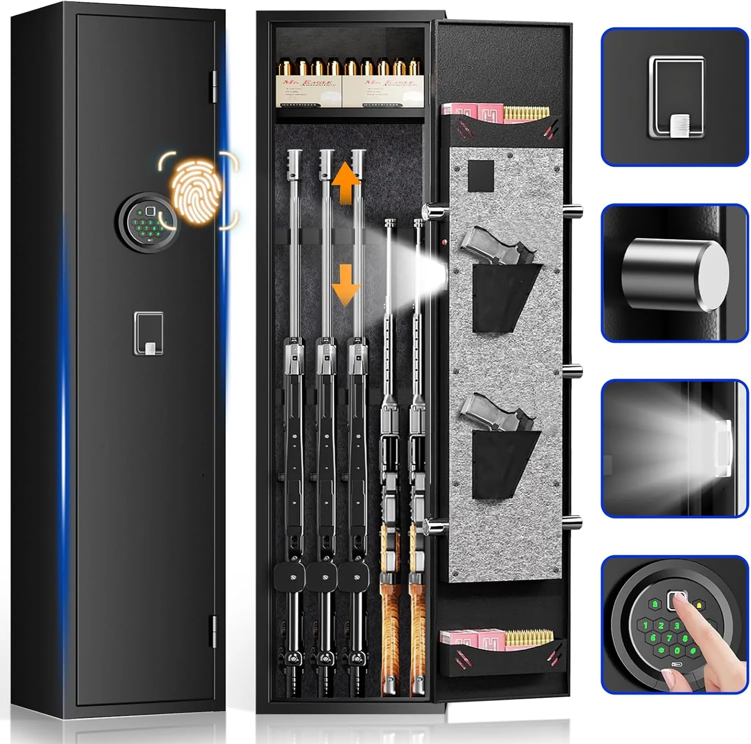 Gun Safe for Home Rifle and Pistols with Digital Keypad, Quick Access Gun Safe with 240°Full Access Door, Gun Cabinets with 2 Pistol Bags, Silent Mode for Rifles and Shotguns