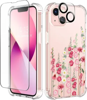 GVIEWIN Designed for iPhone 13 Case 6.1 Inch, with Tempered Glass Screen Protector   Camera Lens Protector Clear Flower Soft & Flexible Slim Shockproof Floral Women Phone Cover (Alcea/Red)