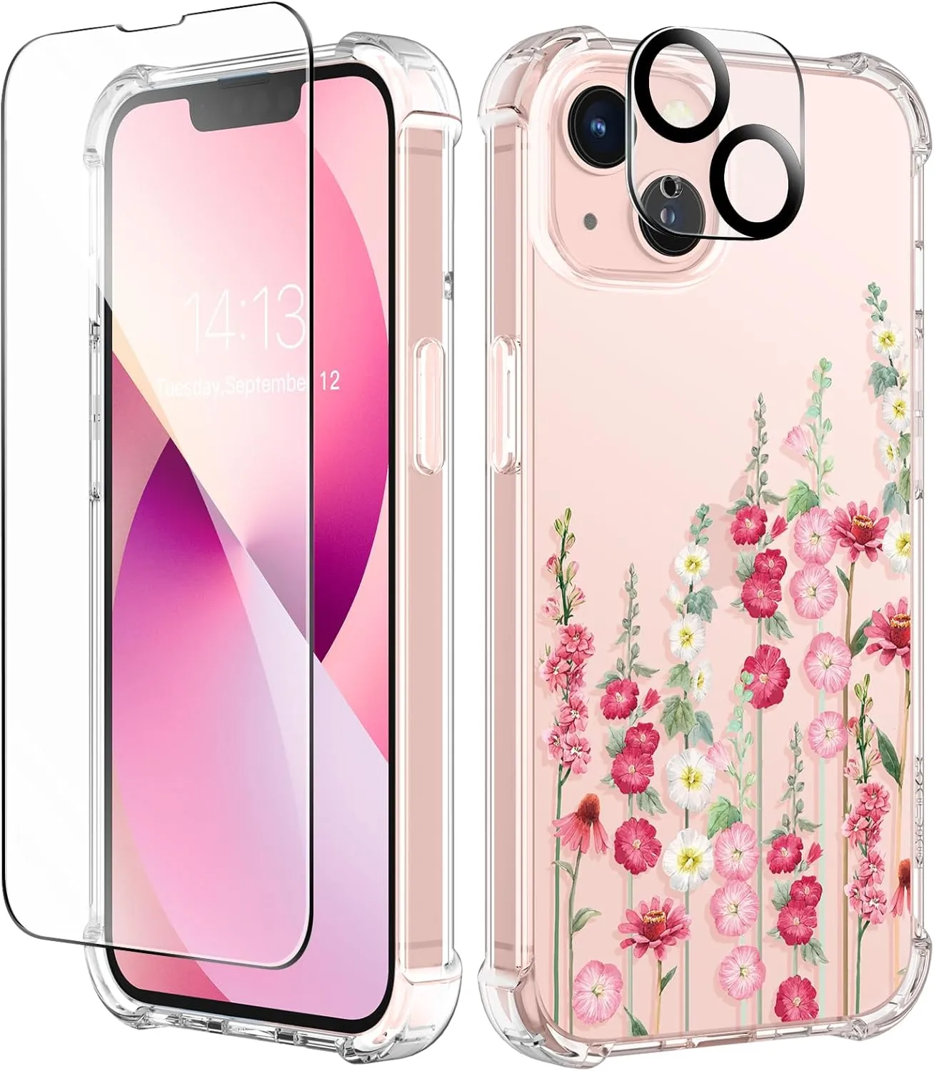 GVIEWIN Designed for iPhone 13 Case 6.1 Inch, with Tempered Glass Screen Protector   Camera Lens Protector Clear Flower Soft & Flexible Slim Shockproof Floral Women Phone Cover (Alcea/Red)
