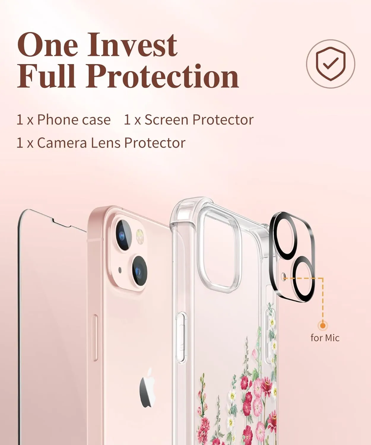 GVIEWIN Designed for iPhone 13 Case 6.1 Inch, with Tempered Glass Screen Protector   Camera Lens Protector Clear Flower Soft & Flexible Slim Shockproof Floral Women Phone Cover (Alcea/Red)