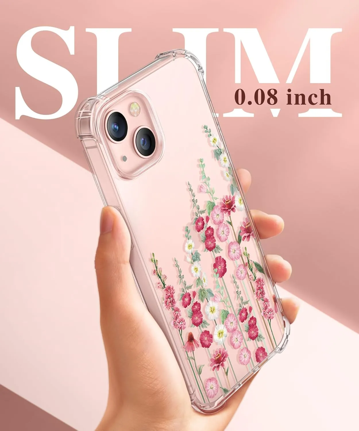GVIEWIN Designed for iPhone 13 Case 6.1 Inch, with Tempered Glass Screen Protector   Camera Lens Protector Clear Flower Soft & Flexible Slim Shockproof Floral Women Phone Cover (Alcea/Red)