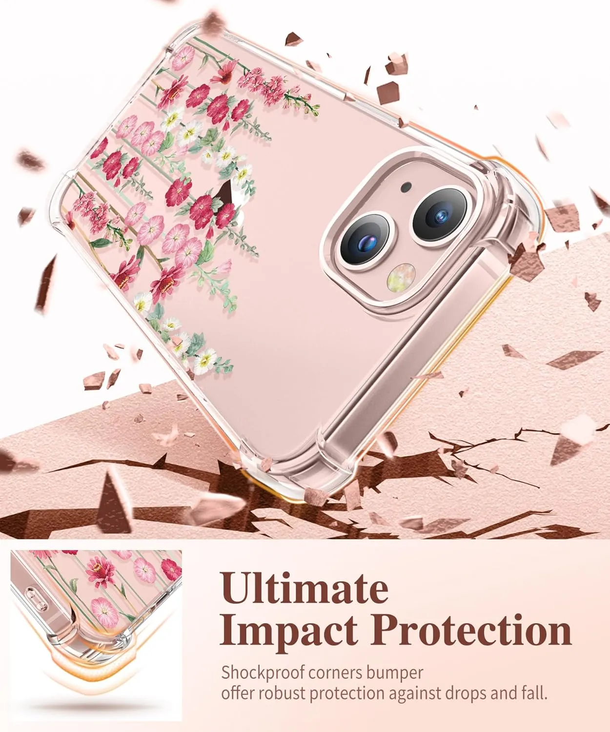 GVIEWIN Designed for iPhone 13 Case 6.1 Inch, with Tempered Glass Screen Protector   Camera Lens Protector Clear Flower Soft & Flexible Slim Shockproof Floral Women Phone Cover (Alcea/Red)