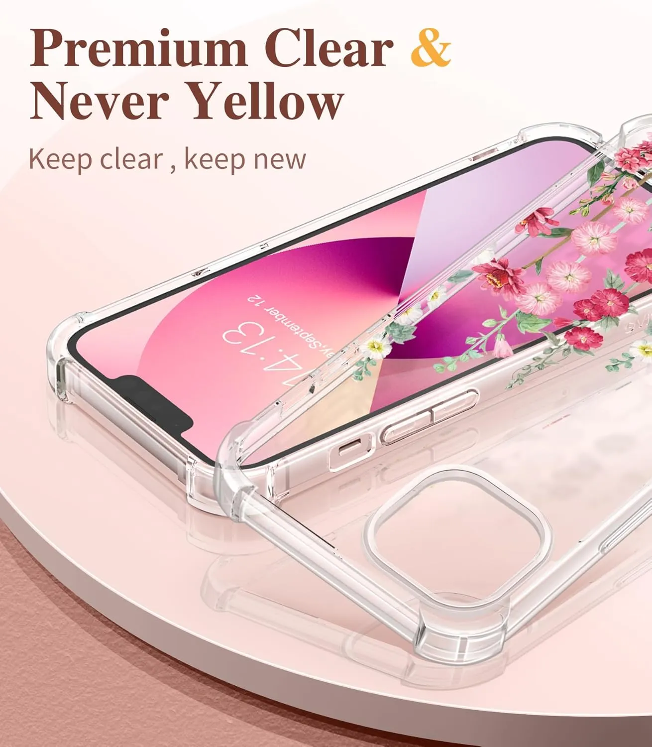 GVIEWIN Designed for iPhone 13 Case 6.1 Inch, with Tempered Glass Screen Protector   Camera Lens Protector Clear Flower Soft & Flexible Slim Shockproof Floral Women Phone Cover (Alcea/Red)