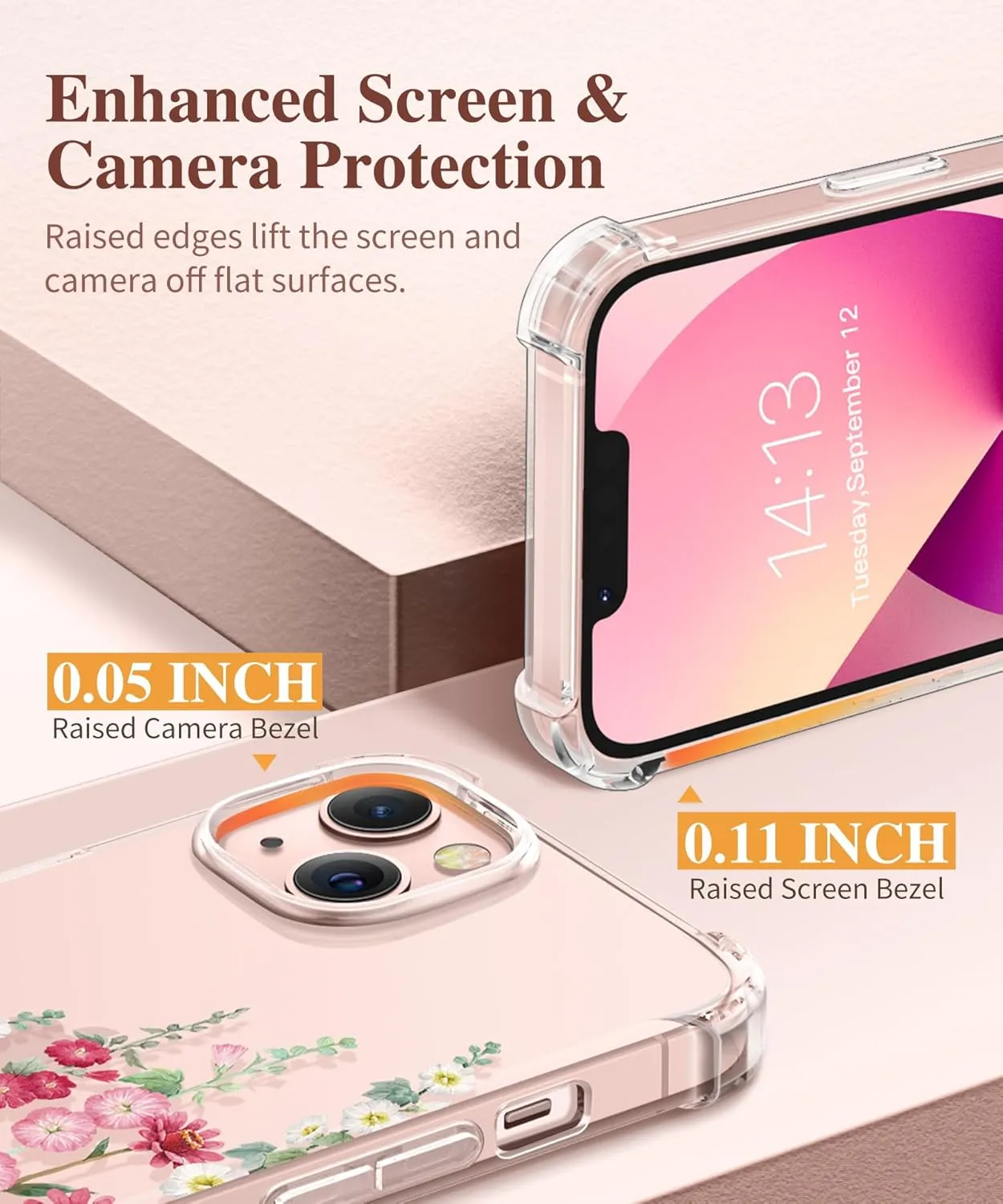 GVIEWIN Designed for iPhone 13 Case 6.1 Inch, with Tempered Glass Screen Protector   Camera Lens Protector Clear Flower Soft & Flexible Slim Shockproof Floral Women Phone Cover (Alcea/Red)
