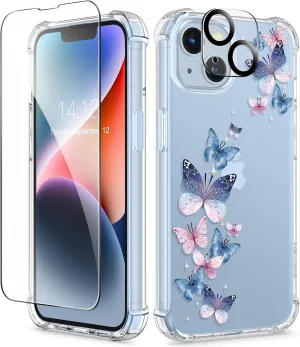 GVIEWIN for iPhone 14 Case Floral, with Screen Protector Camera Lens Protector,[Non Yellowing] Soft Shockproof Clear Phone Protective Cover for Women, Flower Pattern Design 6.1"(Colorful Butterfly)