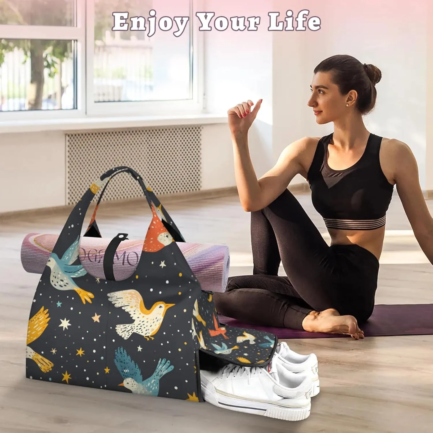 Gym Bag for Women Birds Moon Stars Duffel Bag with Shoe Compartment and Yoga Mat Holder Portable Weekender Bags Travel Tote Bags