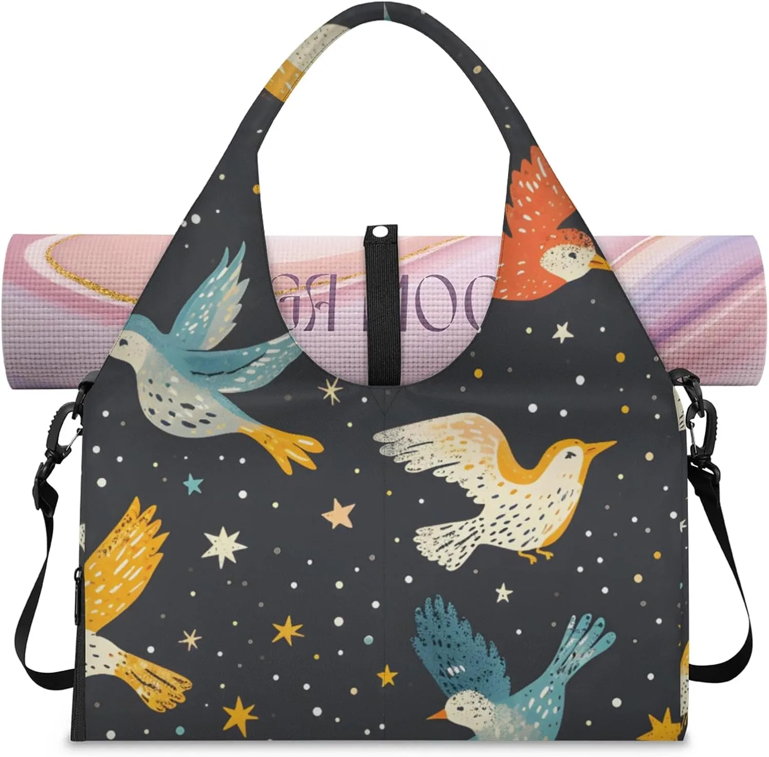 Gym Bag for Women Birds Moon Stars Duffel Bag with Shoe Compartment and Yoga Mat Holder Portable Weekender Bags Travel Tote Bags