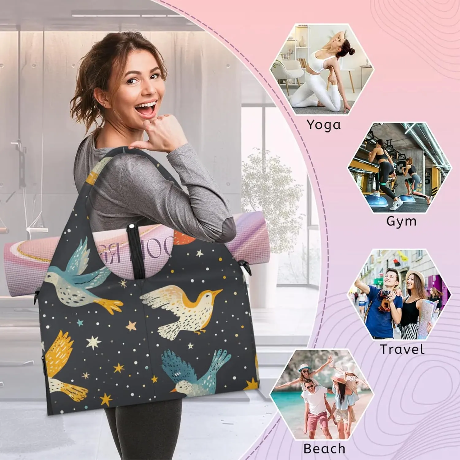 Gym Bag for Women Birds Moon Stars Duffel Bag with Shoe Compartment and Yoga Mat Holder Portable Weekender Bags Travel Tote Bags