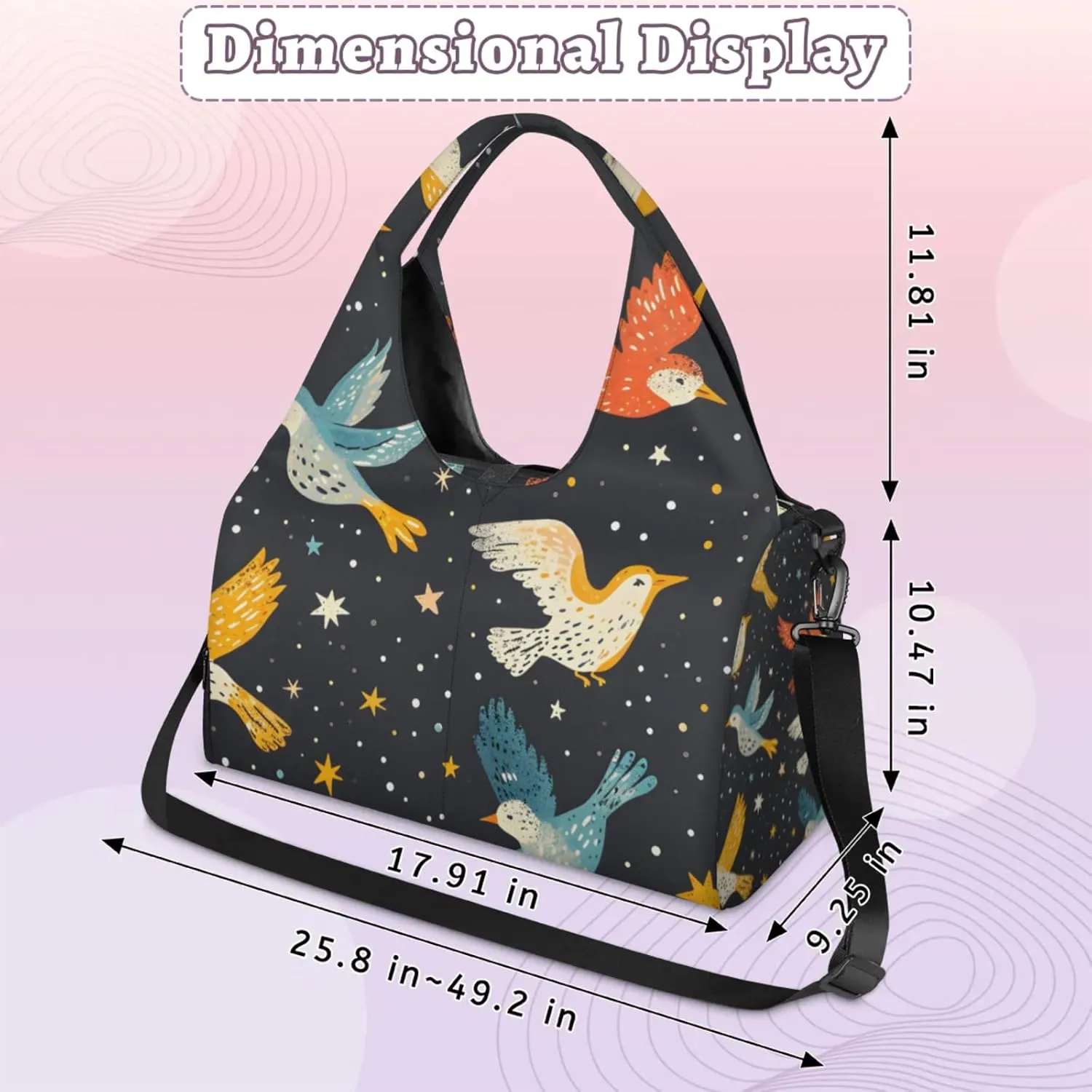 Gym Bag for Women Birds Moon Stars Duffel Bag with Shoe Compartment and Yoga Mat Holder Portable Weekender Bags Travel Tote Bags