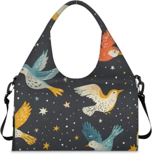 Gym Bag for Women Birds Moon Stars Duffel Bag with Shoe Compartment and Yoga Mat Holder Portable Weekender Bags Travel Tote Bags