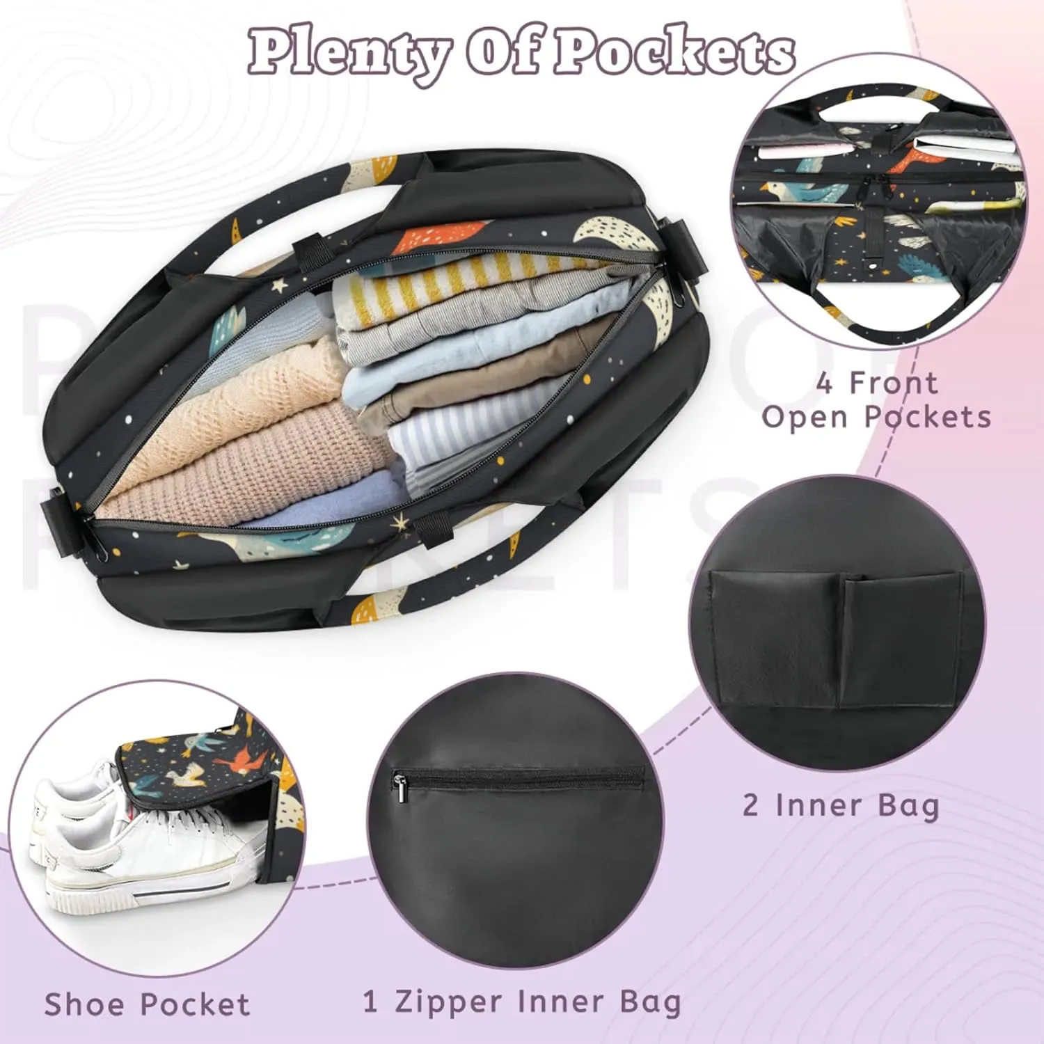 Gym Bag for Women Birds Moon Stars Duffel Bag with Shoe Compartment and Yoga Mat Holder Portable Weekender Bags Travel Tote Bags