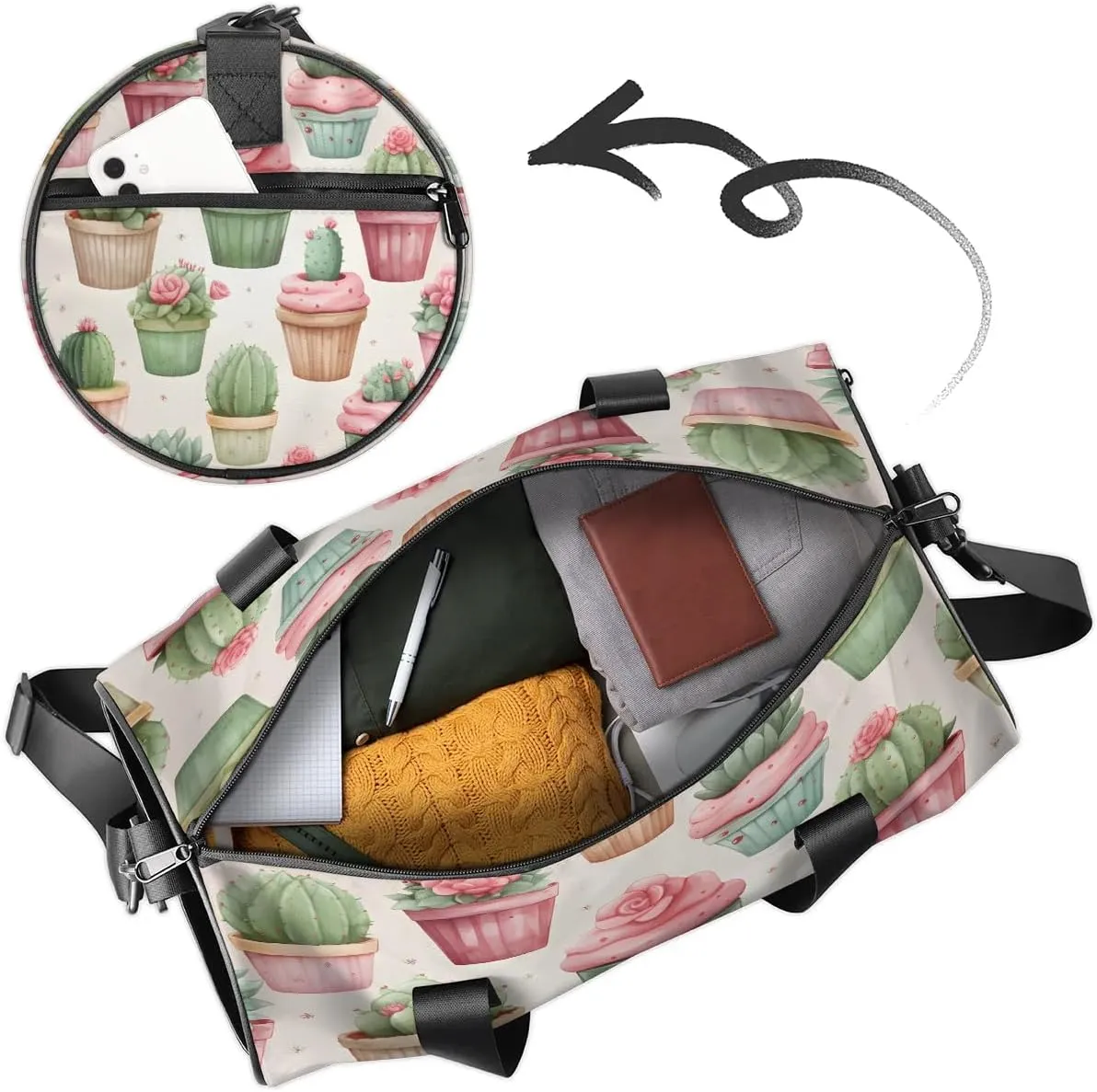 Gym Bags for Men Women Cute Cactus Plants Sports Duffel Bags Carry On Travel Duffle Bag with Detachable Adjustable Shoulder Strap Overnight Weekender Bag