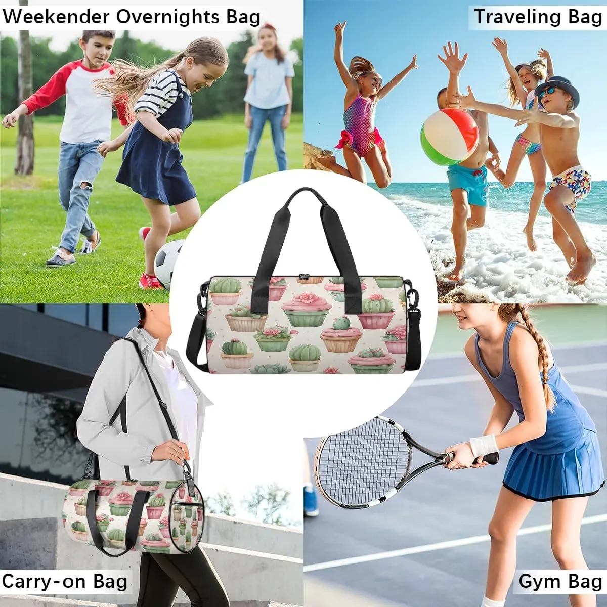 Gym Bags for Men Women Cute Cactus Plants Sports Duffel Bags Carry On Travel Duffle Bag with Detachable Adjustable Shoulder Strap Overnight Weekender Bag