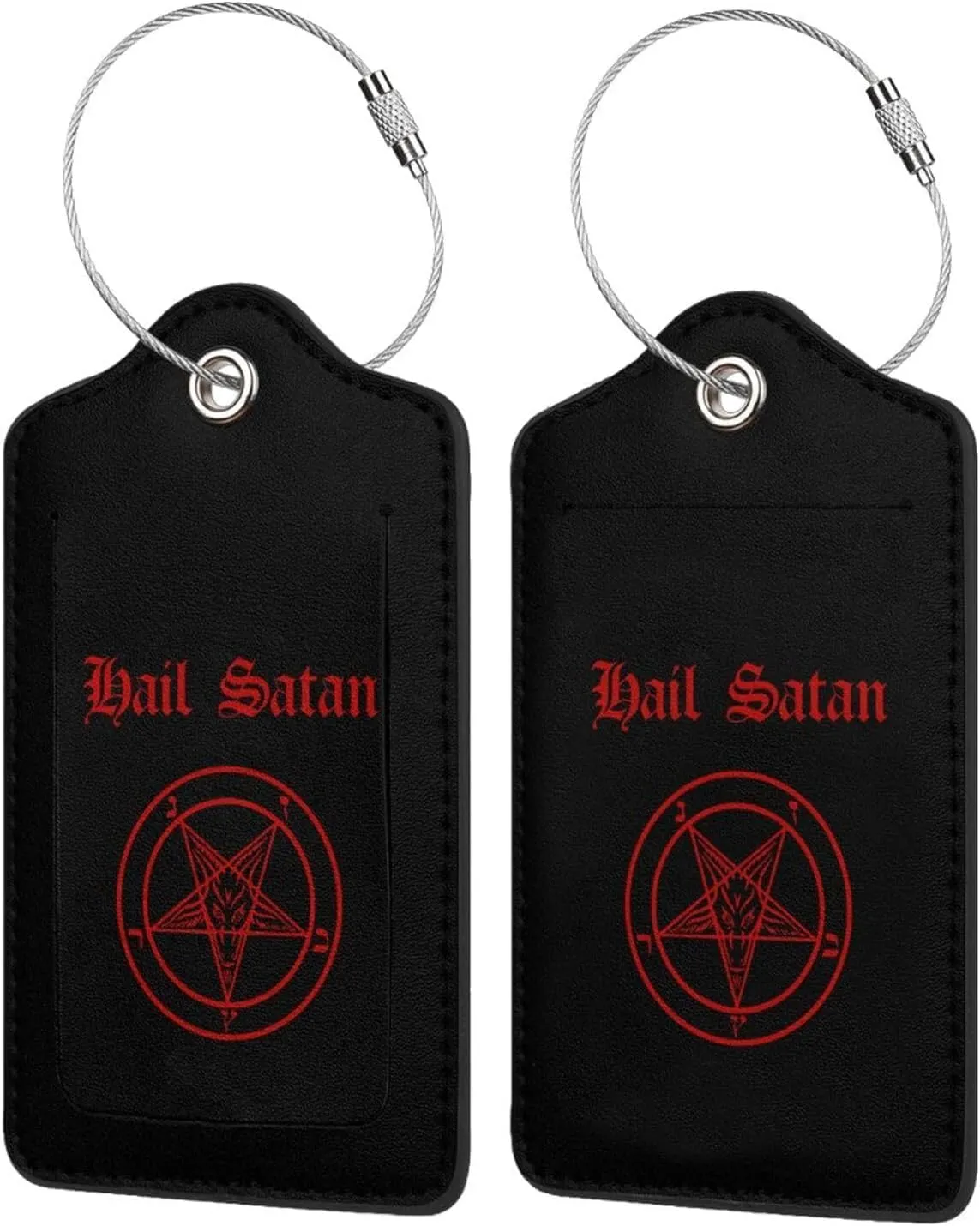 Hail Satan Satanic Pentagram Leather Baggage Bag Luggage Tags with Stainless Steel Loop and Privacy Cover