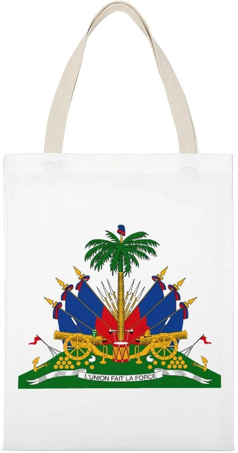 Haitian Coat of Arms Haiti Emblem Printed Canvas Tote Bags Shoulder Bag Reusable Grocery Shopping Handbag DIY Gifts 14"x18"