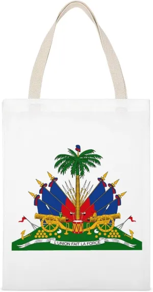 Haitian Coat of Arms Haiti Emblem Printed Canvas Tote Bags Shoulder Bag Reusable Grocery Shopping Handbag DIY Gifts 14"x18"