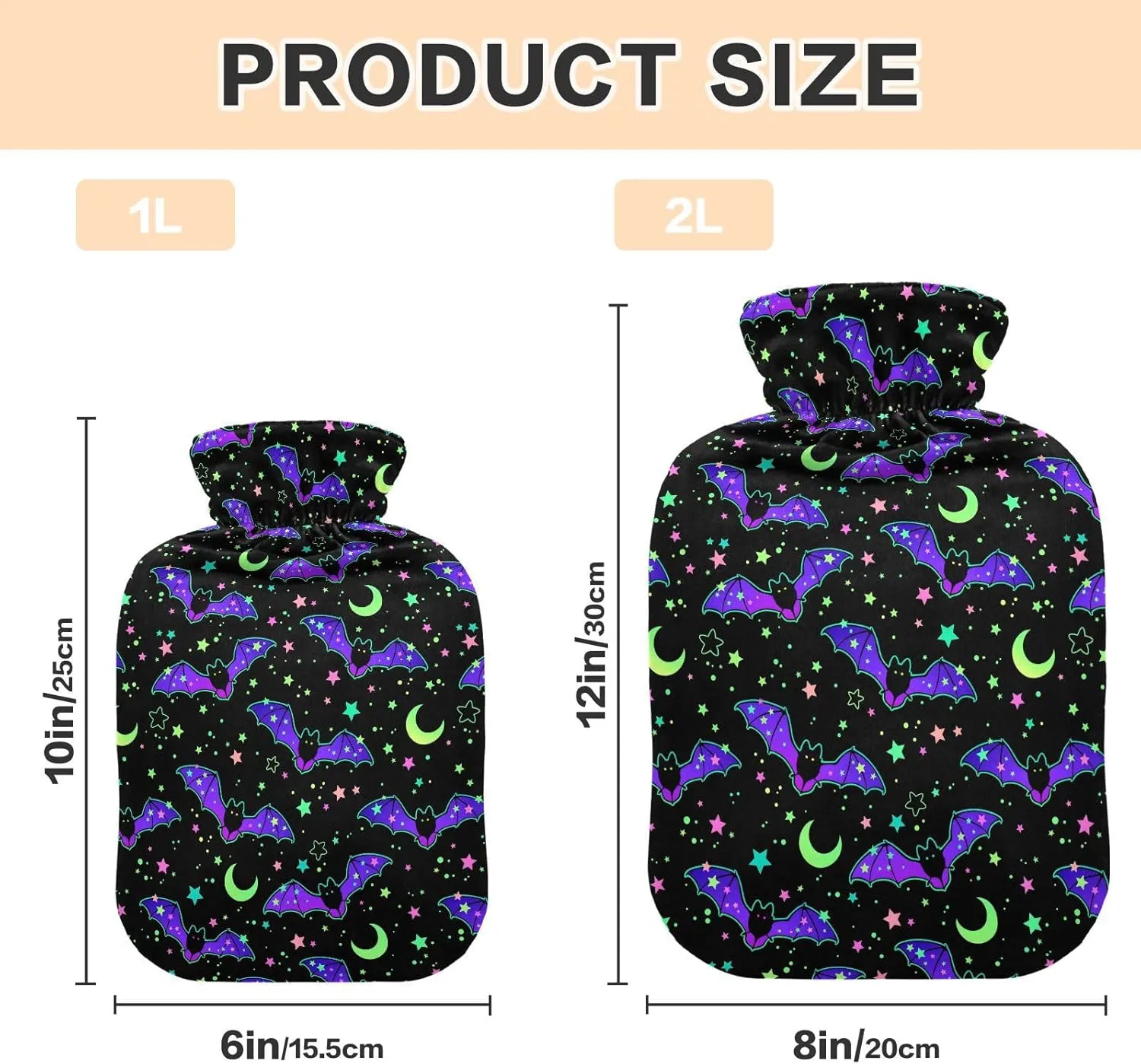 Halloween Bats Black Hot Water Bottle with Soft Cover 1L Reusable Hot Water Bag Hot Water Pouch for Neck, Shoulders and Legs Pain Relief, Menstrual Cramps
